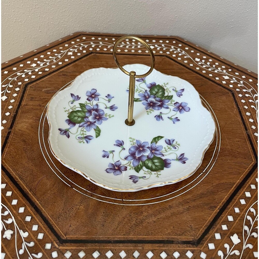 Vintage Lefton Violets Tidbit/Candy Tray With Handle #671V